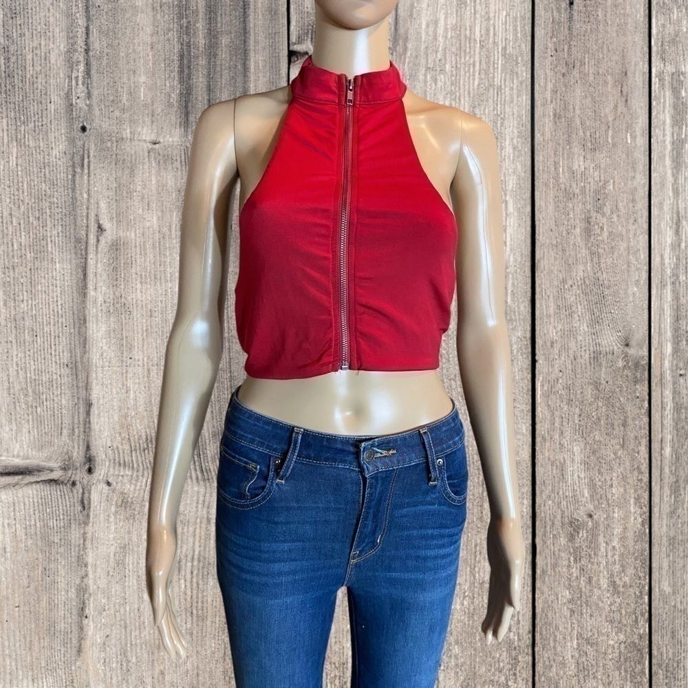 Vintage 90s-Y2K Rumor Boutique Choker Zip Crop Top Red Small